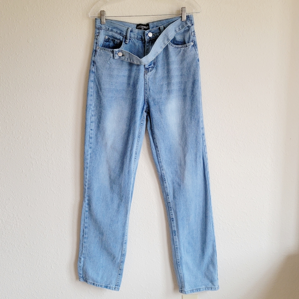 Kittenish Blue Straight Denim Strap Over Retro Jeans 29